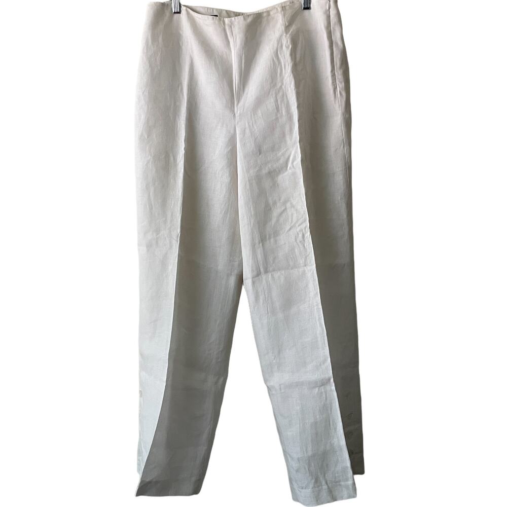 Talbots Ivory High Waisted Linen Wide Leg Palazzo Pants w Ankle Buttons -12